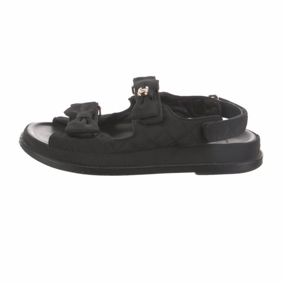 Chanel Interlocking CC Logo Black Quilted Grosgrain Dad Sandals